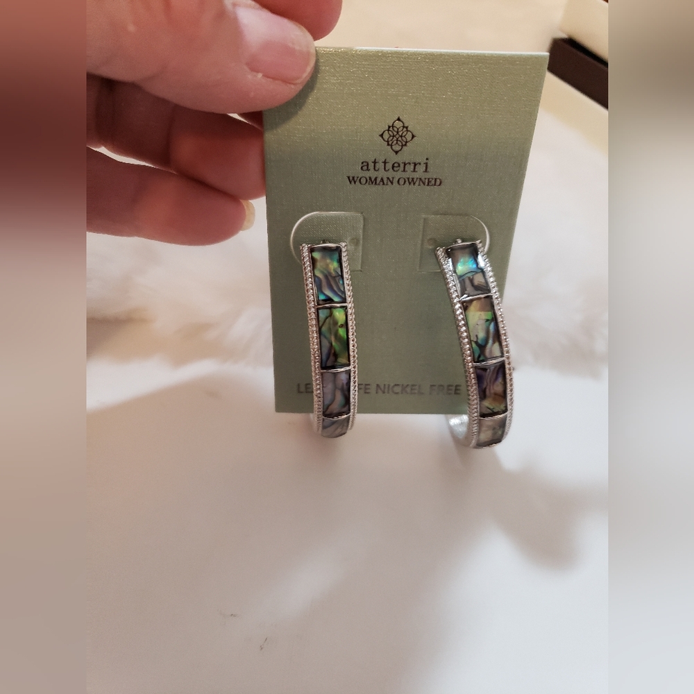 Aterri Silver and Green Abalone Shell Earrings